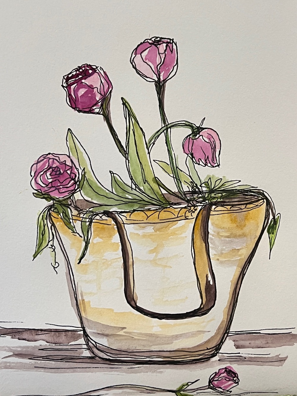 Watercolor Floral Tote Illustration - Pink Flowers in Yellow Bag
